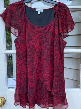 dressbarn Red Lace-Print Layered Flutter Sleeve Blouse